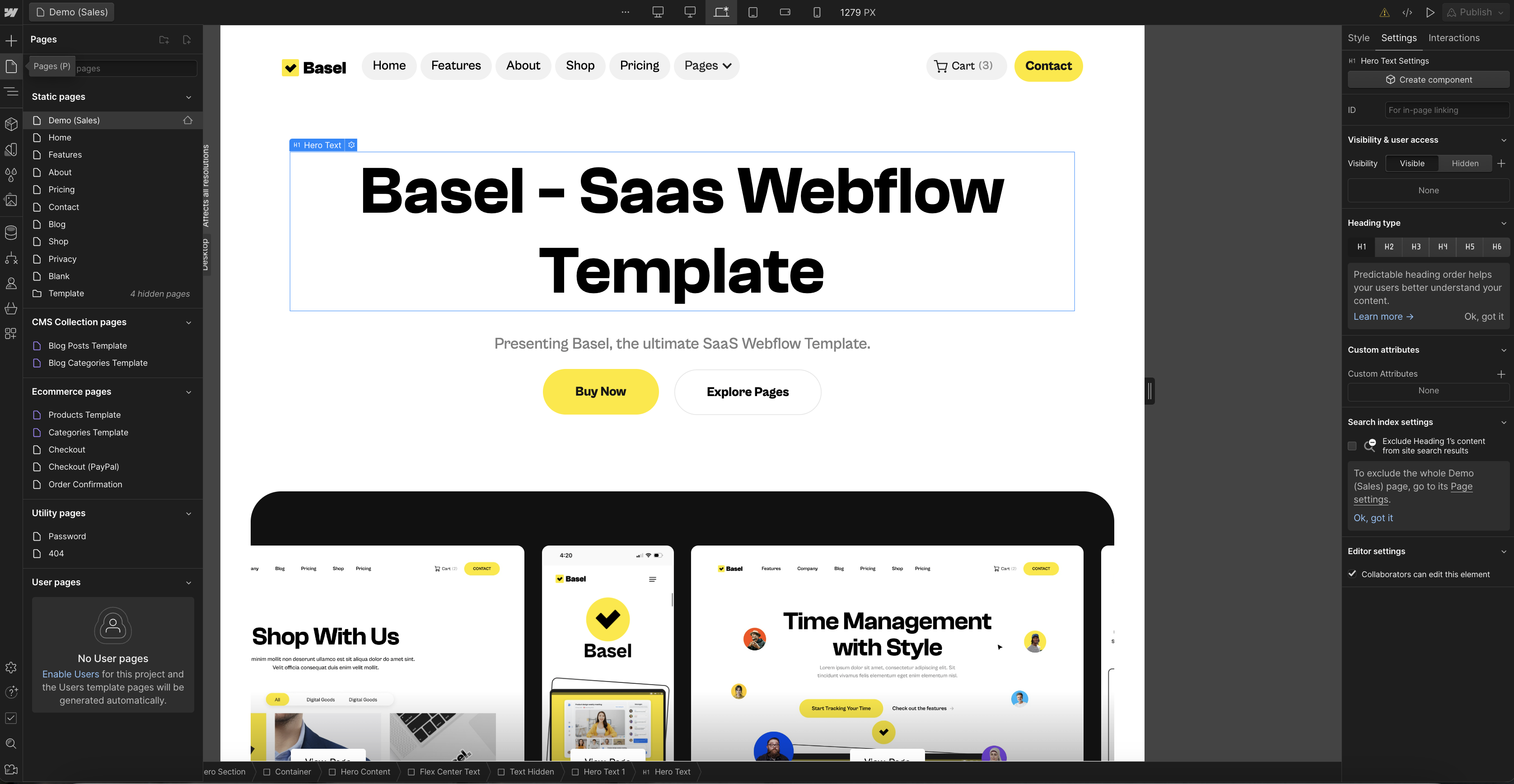Preview of the Webflow designer and a Webflow template designed by the Azwedo agency 